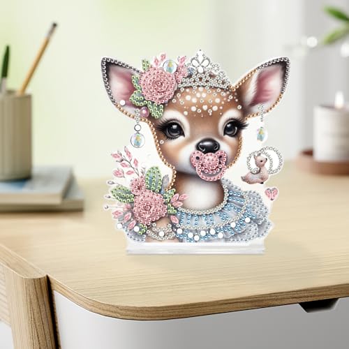 DIY Diamond Painting Deer Ornament Kit with Pink Rose Crown - Tabletop Decor