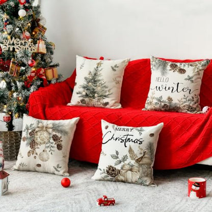 White 18x18 Inch Christmas Tree Pillow Covers Set of 4 Holiday Cushion Cases