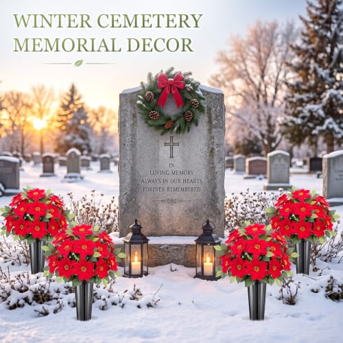Artificial Christmas Poinsettia Cemetery Flowers Set with Vases - Red, 4 Pack