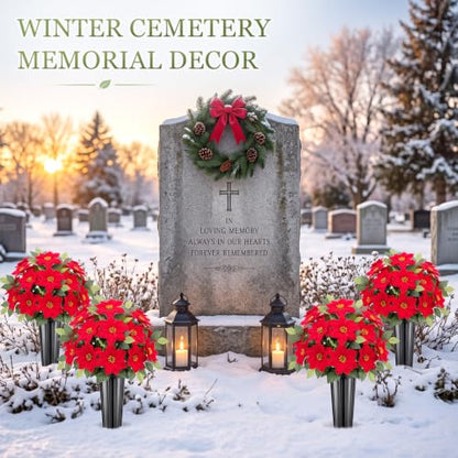 Artificial Christmas Poinsettia Cemetery Flowers Set with Vases - Red, 4 Pack