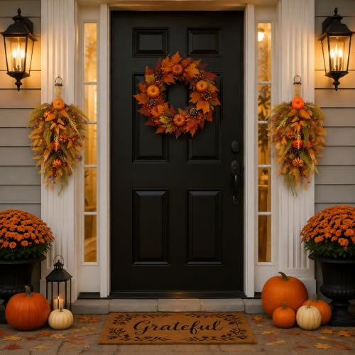 27.5-Inch Fall Harvest Teardrop Swag for Front Door - Autumn Thanksgiving Decor - Irregular Variation 1