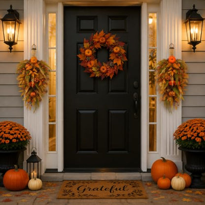 27.5-Inch Fall Harvest Teardrop Swag for Front Door - Autumn Thanksgiving Decor - Irregular Variation 1