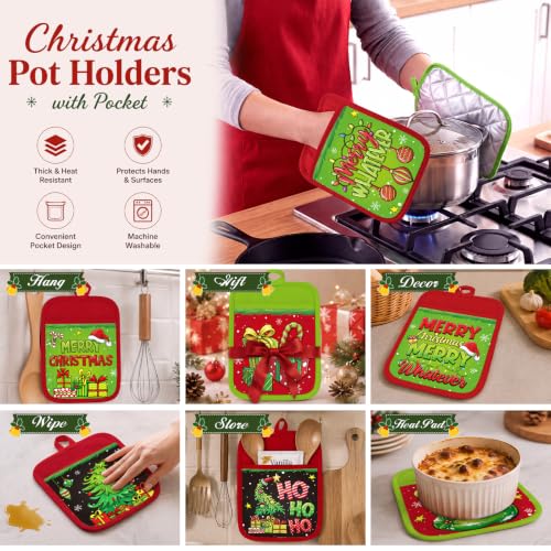 Christmas Pot Holders with Pockets - Red Green Elf Holiday Kitchen Accessories - Funny Variation