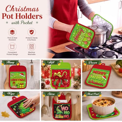 Christmas Pot Holders with Pockets - Red Green Elf Holiday Kitchen Accessories - Funny Variation