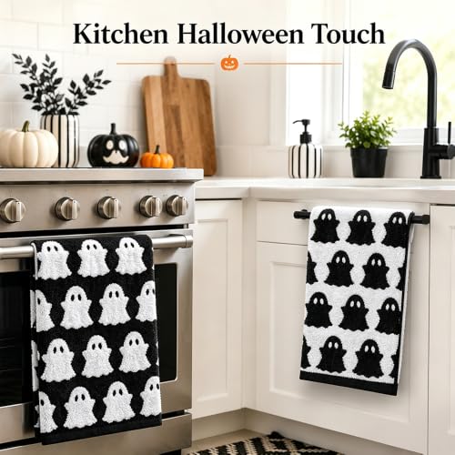 Halloween Ghost Hand Towels Set - Black & White Cotton Decorative Kitchen & Bathroom Towels
