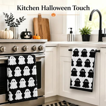 Halloween Ghost Hand Towels Set - Black & White Cotton Decorative Kitchen & Bathroom Towels