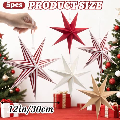 7-Pointed Paper Star Lanterns - Red & White Christmas Hanging Decorations, 12 Inch, 5 Pack - Variation of THIS listing