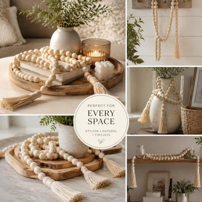 Wood Bead Garland 58in Rustic Farmhouse Decor with Tassels - Natural Finish