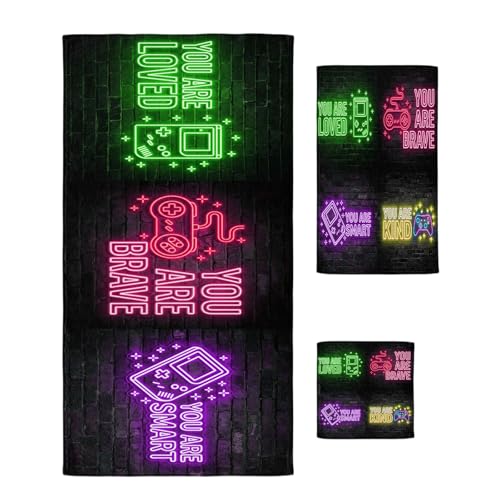 Green Pink Video Game Bath Towels Set of 3 - Soft Absorbent Quick Dry Gaming Icons