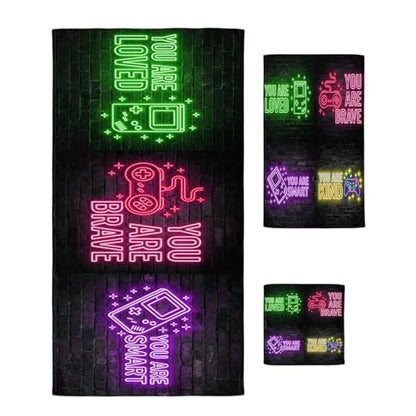 Green Pink Video Game Bath Towels Set of 3 - Soft Absorbent Quick Dry Gaming Icons