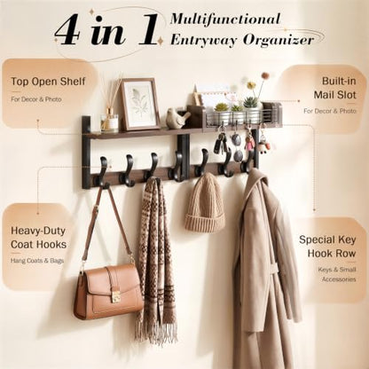 Brown 29-Inch Wall-Mount Coat Rack with Shelf and 11 Hooks - Wooden Entryway Organizer
