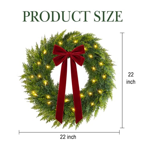 Pre-Lit Christmas Wreath 22 Inch with Red Velvet Bow - Green & Red