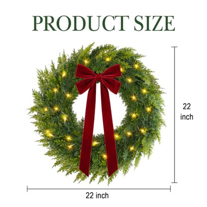 Pre-Lit Christmas Wreath 22 Inch with Red Velvet Bow - Green & Red