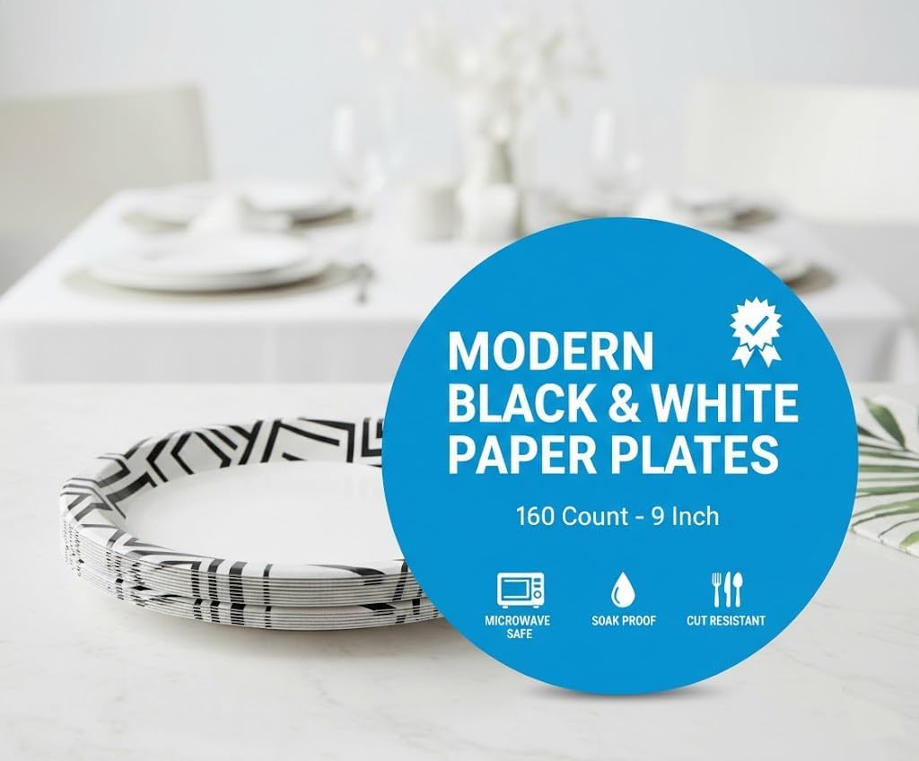 Paper Plates - 9 Inch Decorative Disposable Dinnerware | 160 Count, Soak Proof & Microwave Safe (Black)