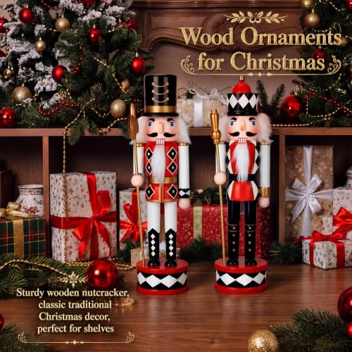 2-Piece 12-Inch Wooden Christmas Nutcracker Decor Set - Checkered Soldier Figures