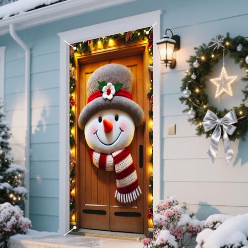 Christmas Front Door Cover Snowman Pattern Holiday Banner 35x71in Polyester