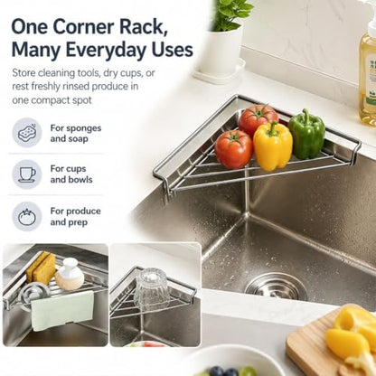 2pcs Stainless Steel Corner Sink Shelf Triangular Open Wire Draining Rack