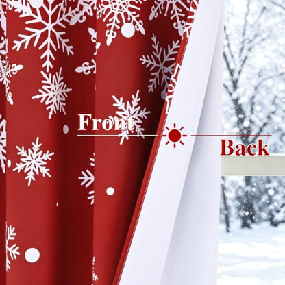 Red Christmas Curtains for Living Room 52 x 63 Inches Snowflake Holiday Drapes - Pack of 2