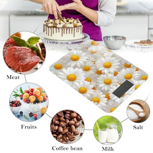 QwThum Food Scale Kitchen Digital Scale Food Ounces and Grams Dieting Baking Cooking Waterproof Glass Panels LCD Display,4 Units Scale Tare Function Daisy White