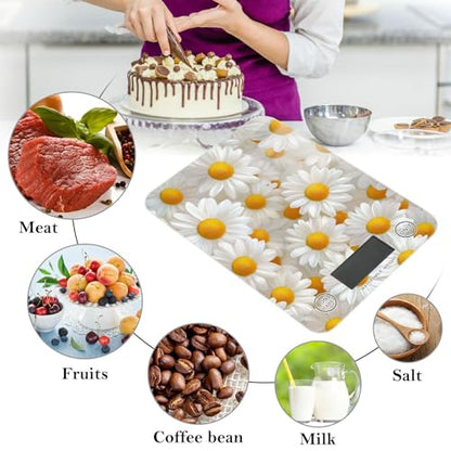 QwThum Food Scale Kitchen Digital Scale Food Ounces and Grams Dieting Baking Cooking Waterproof Glass Panels LCD Display,4 Units Scale Tare Function Daisy White