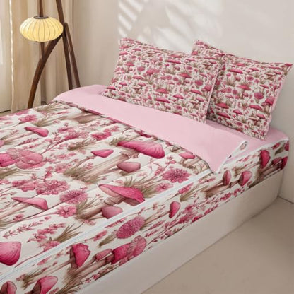 Pink Mushroom Full Bedding Set with Zipper Comforter & Sheets - Girls & Women, Variation of Pink White