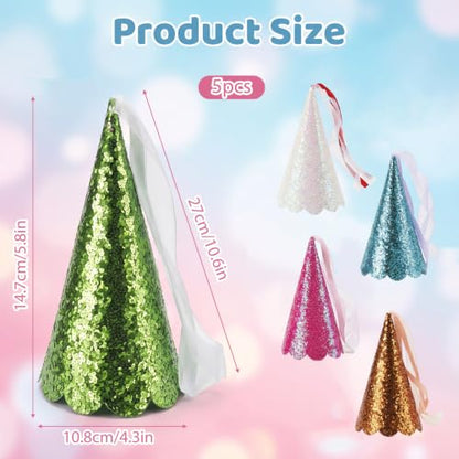 5 Pcs Glitter Princess Party Cone Hats with Ribbons and Tassels