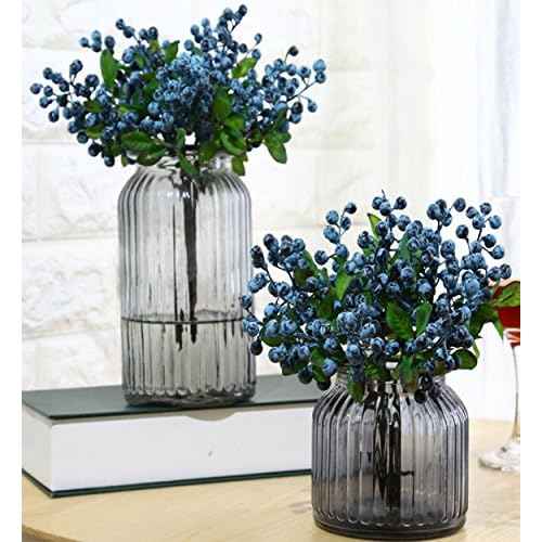 Fake Artificial Flowers California Berries Branches Picks Blueberry Fruit for Christmas Home Hotel Decorations (Blue 10 Pack)