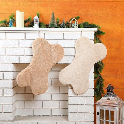 Faux Fur Sherpa Dog Christmas Stockings - Beige Khaki Set, Holiday Decor