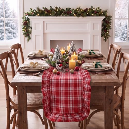 Christmas Red Tartan Plaid Table Runner with Ruffled Edges - 14 x 72 Inches - White Red / Plaid Variation