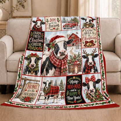 Christmas Cow Plush Fleece Throw Blanket - 50x60 Inches for Women Kids Girls