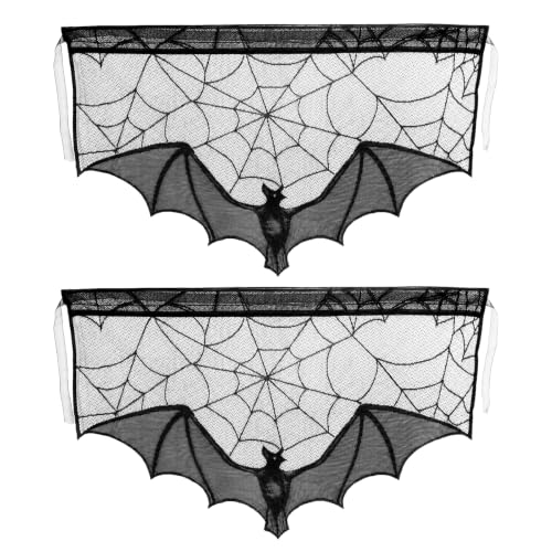 Halloween Black Lace Bat Window Curtains - Spiderweb Design, 2 Pack - Variation of Black-Bat/2