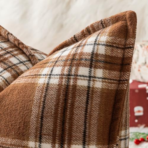 MIULEE Fall Plaid Pillow Covers 20x20 Inches Brown & White Set of 2 - Reversible Farmhouse Decor