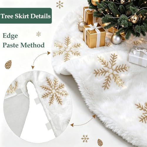 Gold Snowflakes Christmas Tree Skirt 36 Inches Faux Fur White Plush Holiday Decor