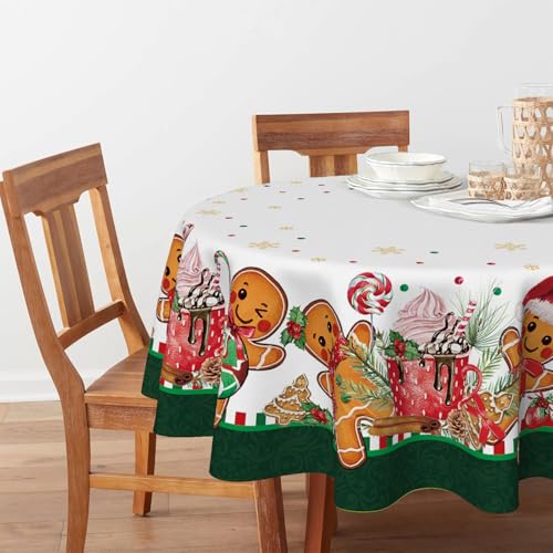 Christmas Tablecloth 70x70 Inch Round Green Gingerbread Man Holiday Decor with White Green Variation