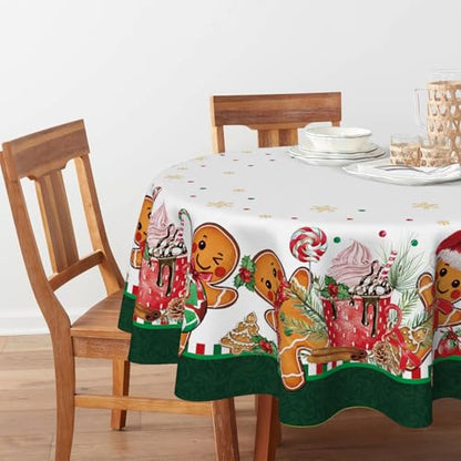 Christmas Tablecloth 70x70 Inch Round Green Gingerbread Man Holiday Decor with White Green Variation