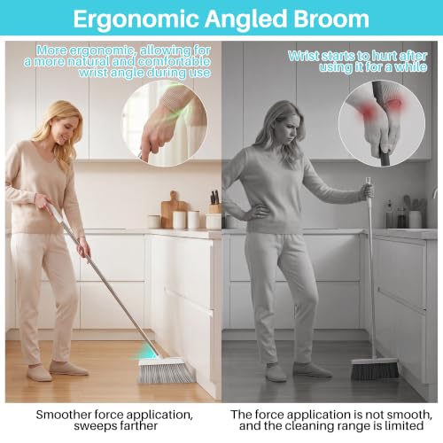 JOYMOOP White Broom and Dustpan Set with Built-in Comb Tooth - Foldable Upright Design, Angled Broom, Adjustable Extension Pole, Home & Commercial Cleaning (Variation A)