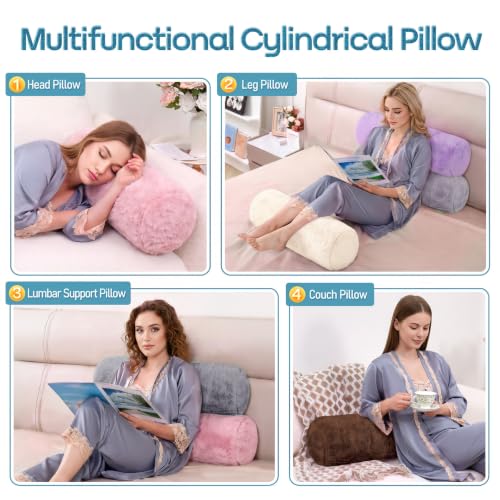Grey Faux Fur Body Pillow Bolster Set 24x7.87 Inches for Couch & Bed