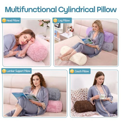 Grey Faux Fur Body Pillow Bolster Set 24x7.87 Inches for Couch & Bed