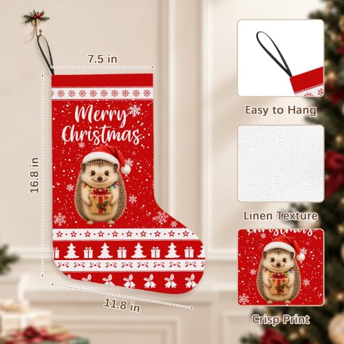 Hedgehog Christmas Stocking - Holiday Decor, Reusable Linen Gift Holder