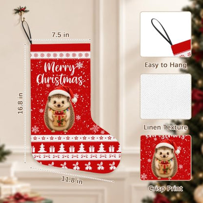 Hedgehog Christmas Stocking - Holiday Decor, Reusable Linen Gift Holder