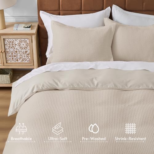 Queen Size Waffle Wave Duvet Cover Set - Beige, 3 Pieces, No Comforter
