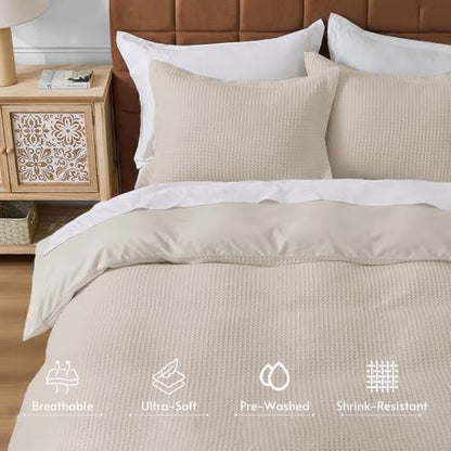 Queen Size Waffle Wave Duvet Cover Set - Beige, 3 Pieces, No Comforter