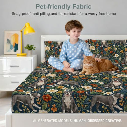 Twin Fitted Bed Sheet Set - Pit Bull Rustic Petals with Flower Pittie Variation