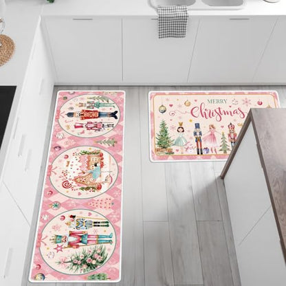 Christmas Nutcracker Kitchen Door Mats Set - Pink, Non-Slip, Washable, 16x28 & 16x47 Inches