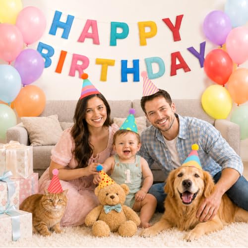 Mini Felt Party Hat Set with Pastel Balloons & Banner for Stuffed Animals