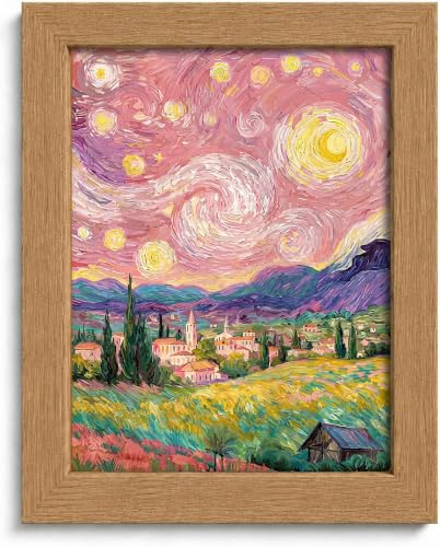 Pink Starry Night Wall Art Canvas - Framed Rural Impressionist Landscape - 10"L x 8"W