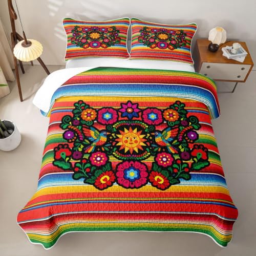 Exotic Retro Floral Quilt Set Queen Size with Red Green Variation - Boho Rainbow Geometric Bedding with 2 Pillowcases