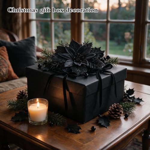 Black Poinsettia Artificial Flowers & Velvet Bows - Festive Xmas Decor - Blackbows
