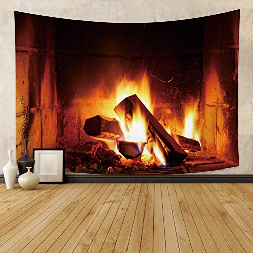 Fireplace Tapestry Wall Hanging Christmas Wood Fire Brick Decor 39.4x27.6 Inches