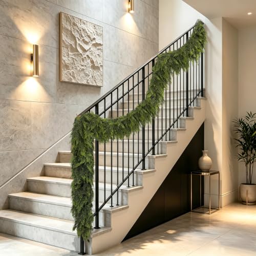 9Ft Real Touch Cedar Garland with Lights - Green, Indoor Outdoor Decor